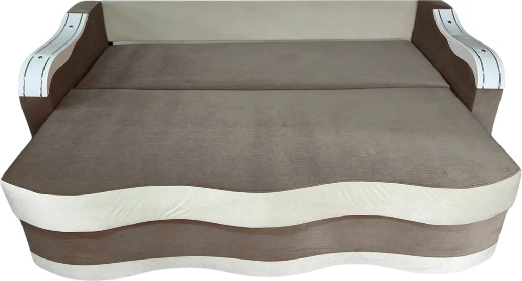 Canapea DIANA extensibila, 3 locuri, cu lada de depozitare, catifea maro cappuccino si crem , 220x100x80 Maro Cappuccino + Crem, Catifea