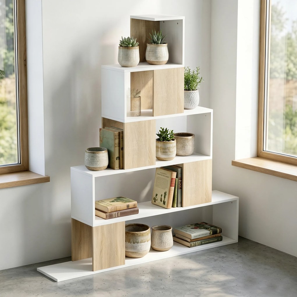HOMCOM Bibliotecă cu 5 Rafturi Tip Trepte, Alb și Lemn Natural | Aosom Romania