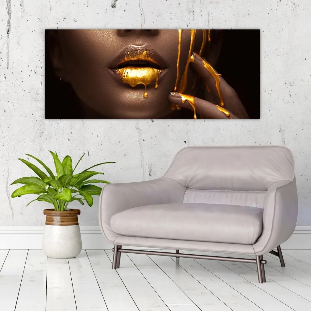 Tablou - Femeie cu buze aurii (120x50 cm)