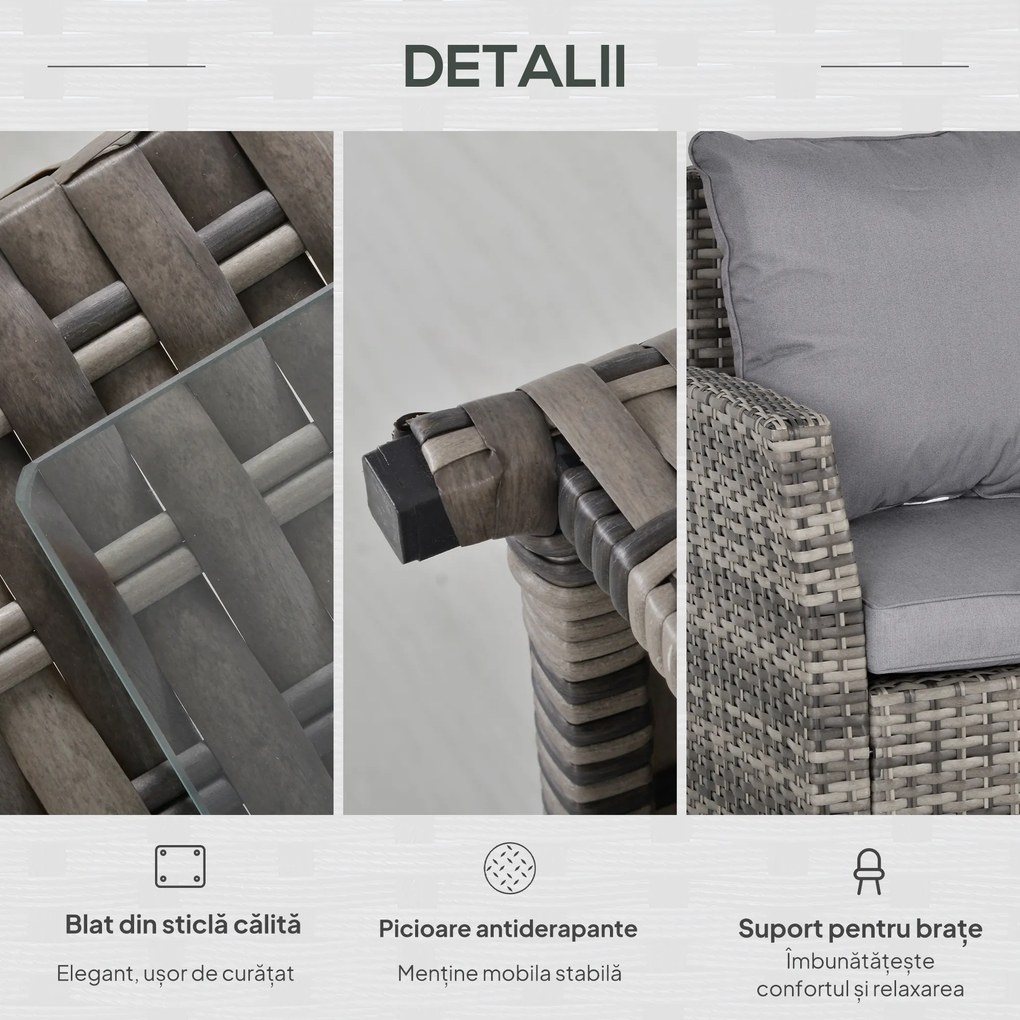 Outsunny Set Mobilier de Gradina 3 Piese, 2 Canapele Exterioare + Masa de Cafea, Ratan Sintetic Rezistent la Intemperii, Gri | Aosom Romania