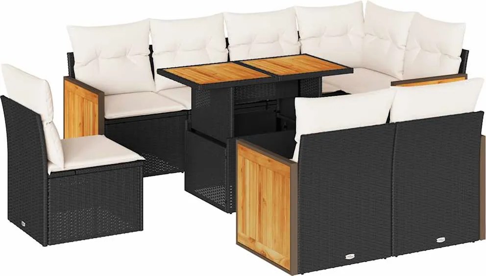 vidaXL Set mobilier grădină perne 9 piese negru poliratan/lemn acacia