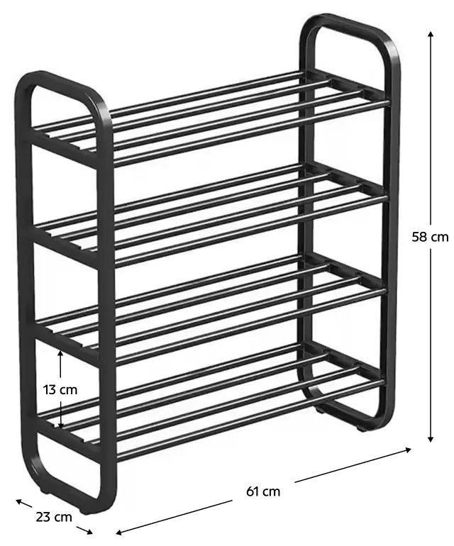 Pantofar, 4 rafturi, negru, metal plastic negru, 61 cm, 58 cm, 23 cm