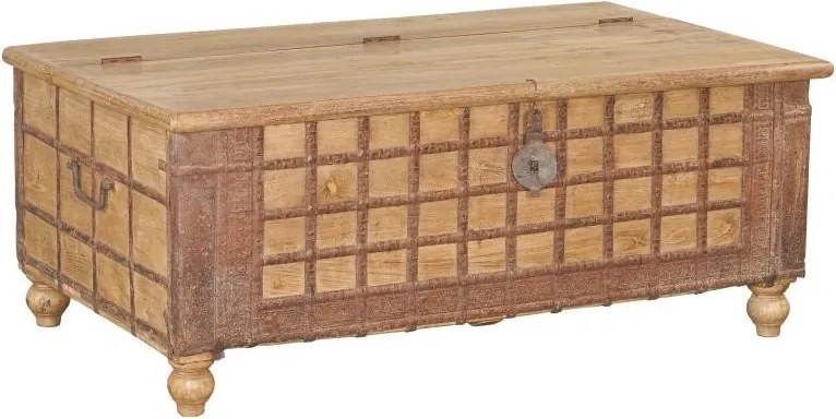 Cufăr vintage din lemn reciclat și metal, natur, cu feronerie în relief și picioare rotunde, finisaj patinat, 52 x 127 x 66 cm, „Lamanon”