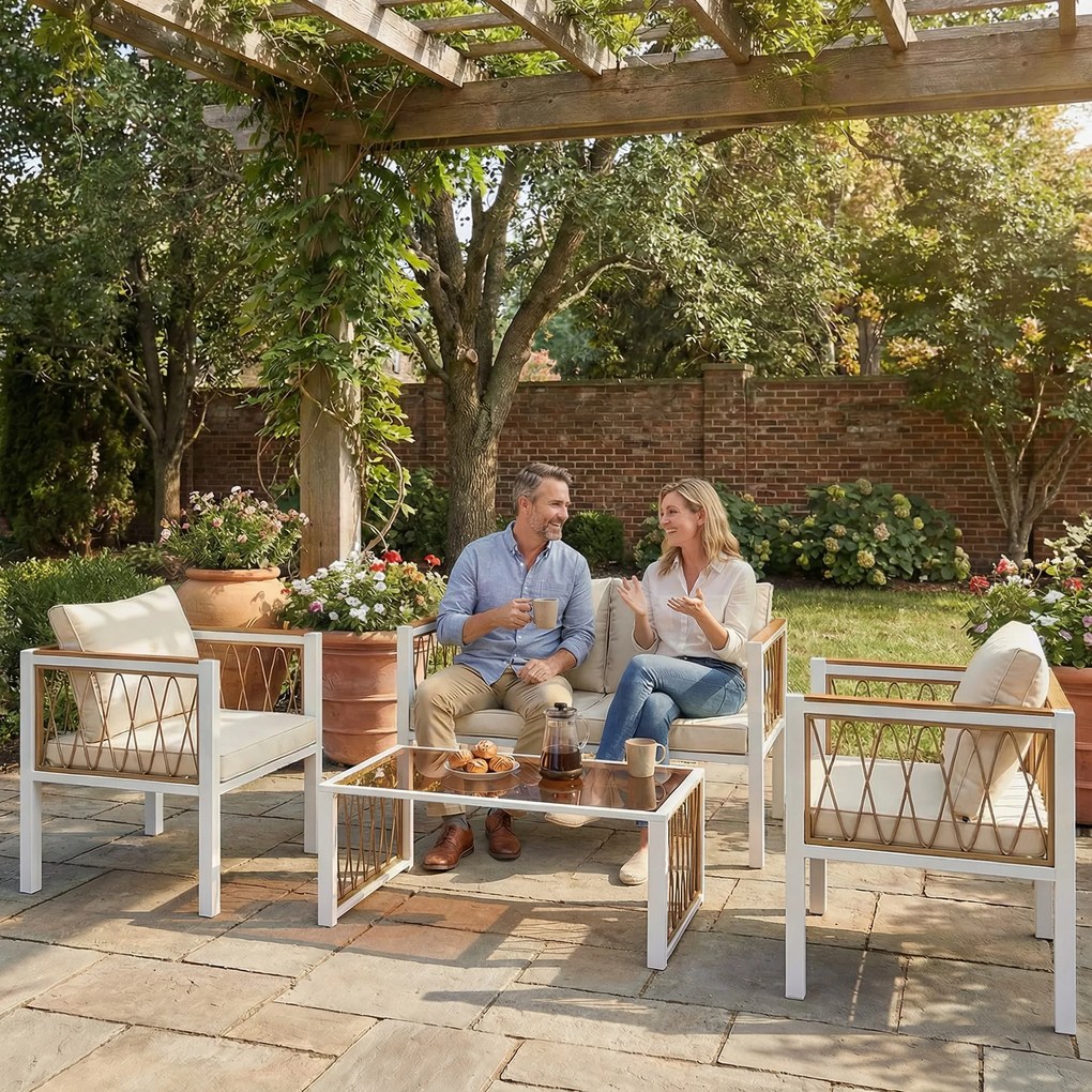 Outsunny Set mobilier grădină 4 piese Polyrattan lounge cu canapea 2 locuri, 2 fotolii, masă cu sticlă, perne detașabile, saltea antiderapantă | Aosom Romania