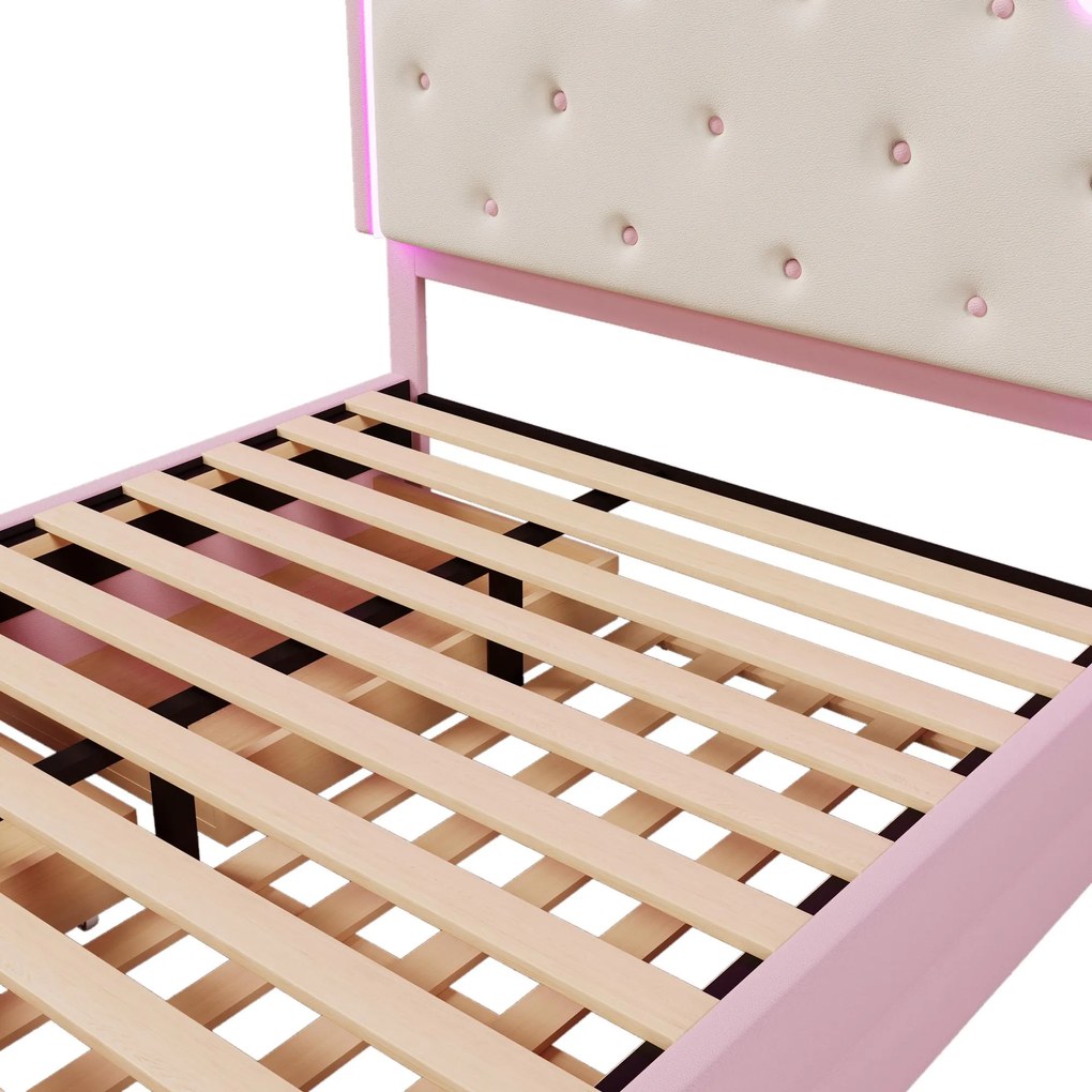 Pat tapițat 140x200 cm cu somieră cu lamele, pat extensibil și 2 sertare, fără saltea, Roz