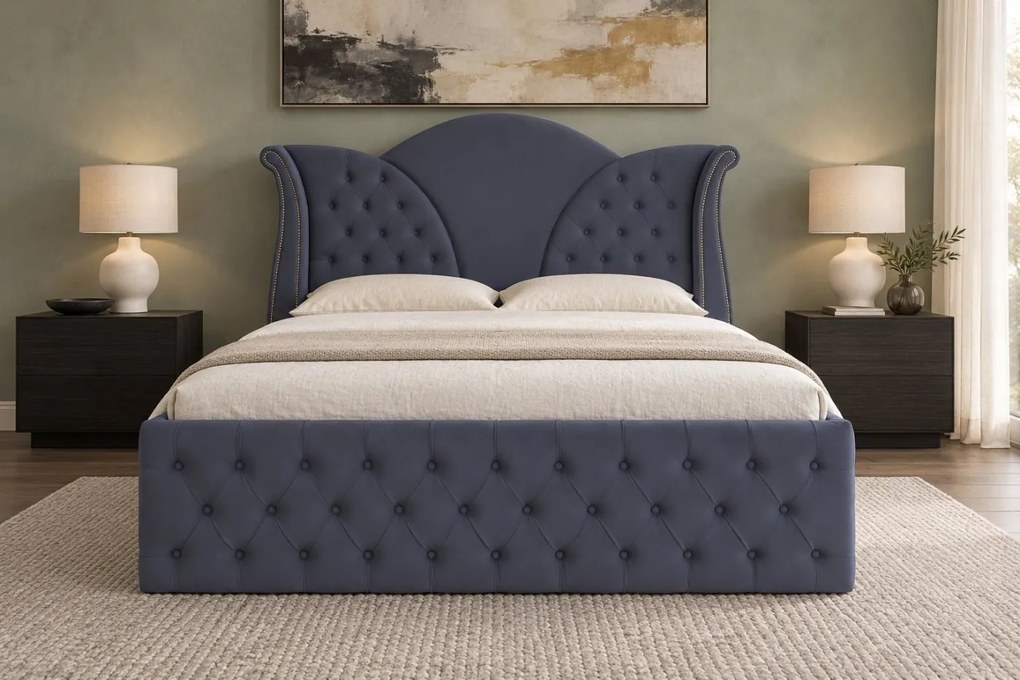 Pat tapițat Chesterfield din catifea Velora Deluxe Classic 160×200 cm, gri închis, cu ladă de depozitare