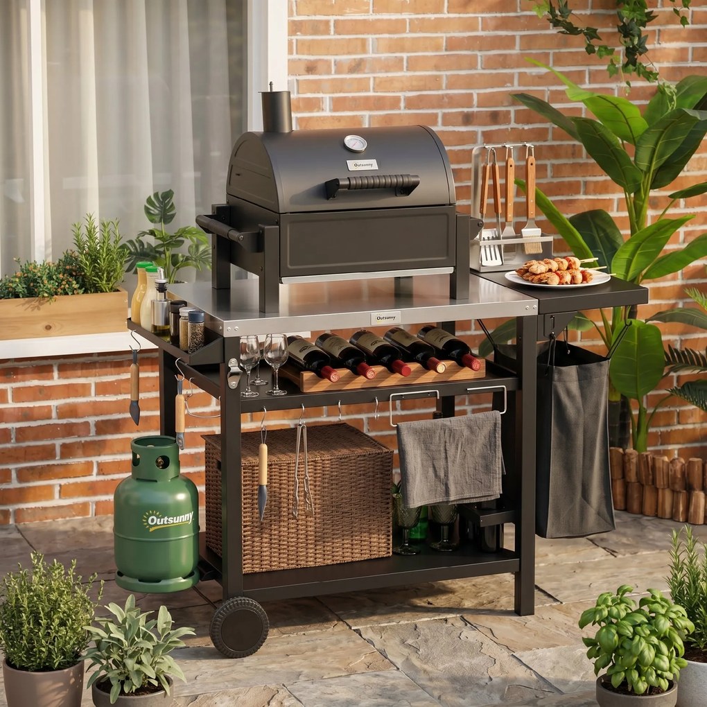 Outsunny Carucior Masa pentru Gratar cu Masa Laterala Pliabila, Blat din Otel Inoxidabil, Carucior Portabil pentru Gratar cu 2 Roti, 6 Carlige