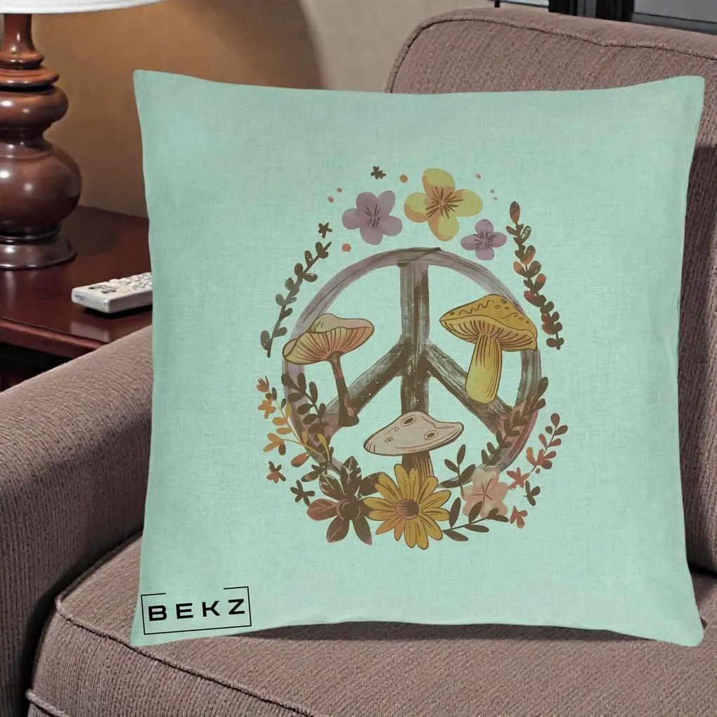 Perna Decorativa Peace Sign Ciuperci Floral, 40x40 cm, Verde Menta, Husa Detasabila, Perna Inclusa, BEKZ®