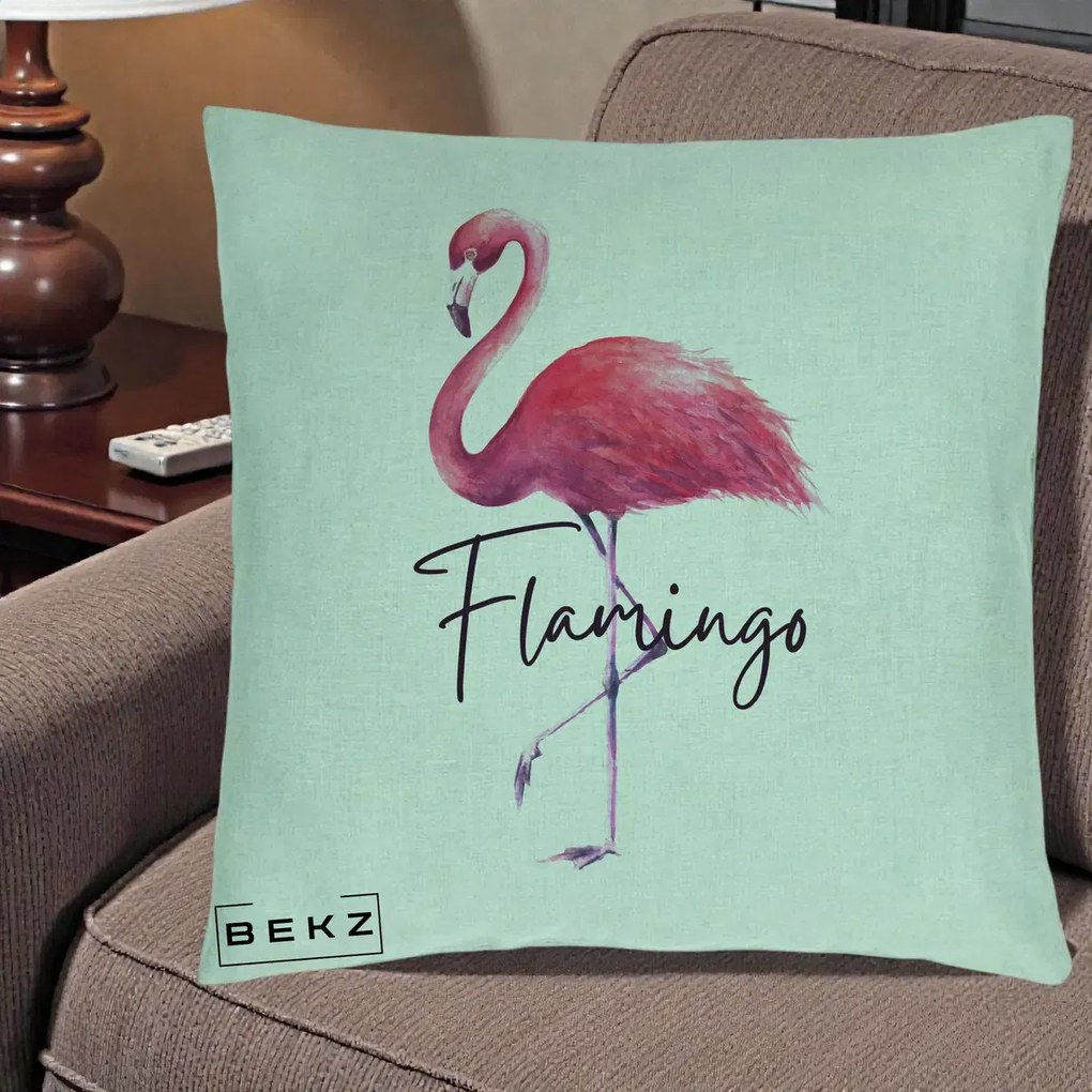 Perna Decorativa Flamingo Acuarela, 40x40 cm, Verde Menta, Husa Detasabila, Perna Inclusa, BEKZ®