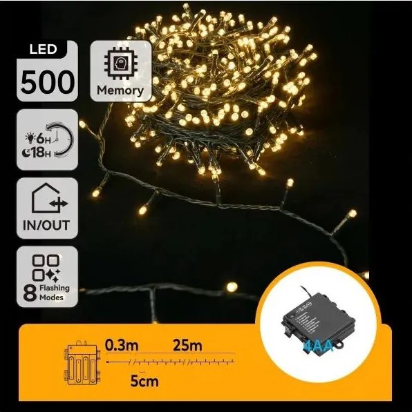 Aigostar - Ghirlandă luminoasă LED pentru exterior, 500 LED-uri, 8 funcții, 4xAA, 25,3 m, alb cald