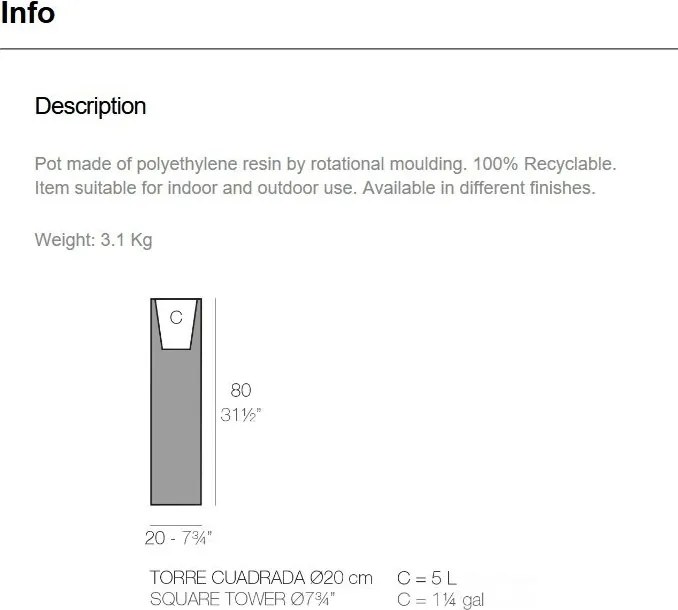 Ghiveci plante design decorativ exterior/interior Square tower pot 20x20x80cm