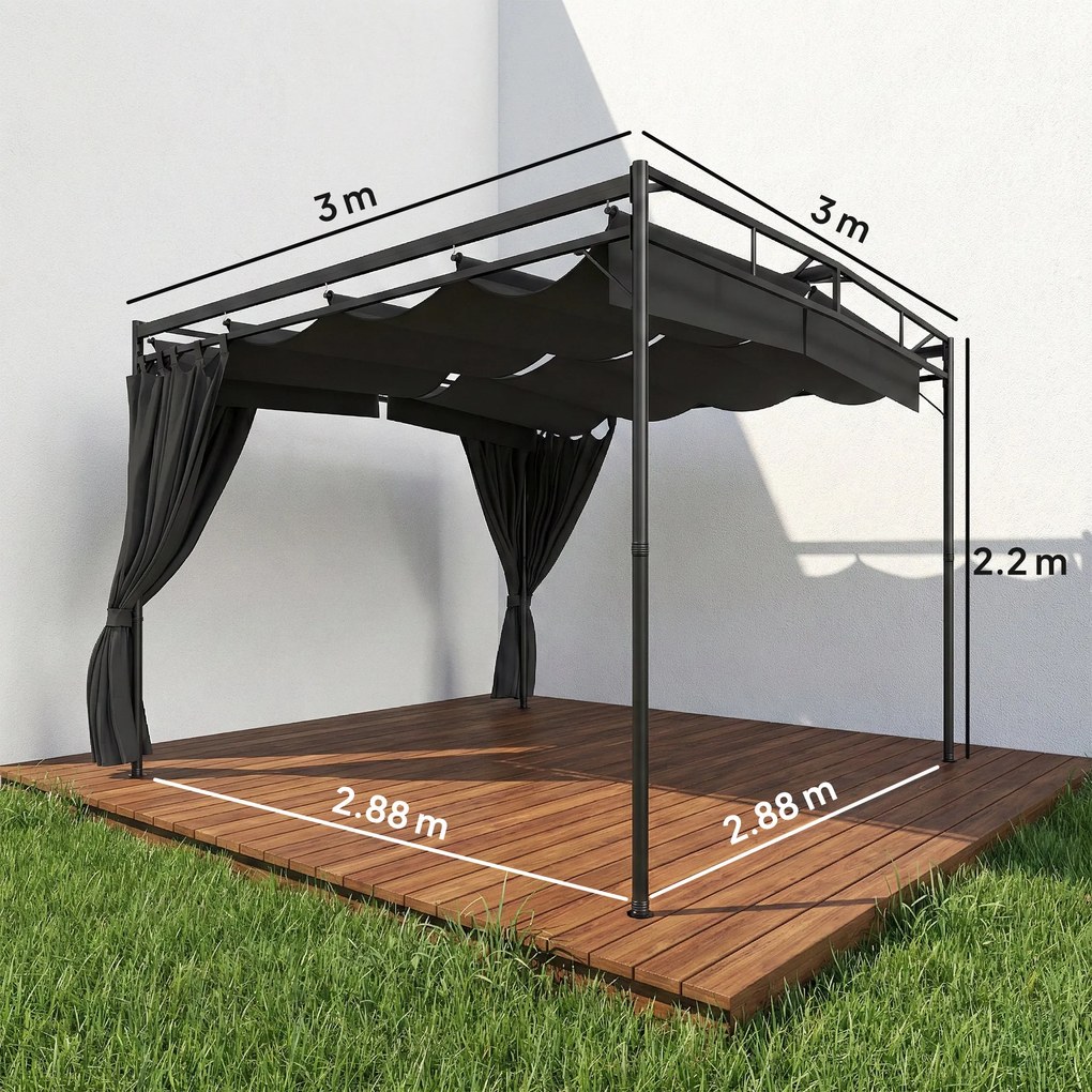 Outsunny Pergolă Pavilion 3x3m rezistent la apă Protecție solară cu acoperiș glisant reglabil Draperii, independent | Aosom Romania