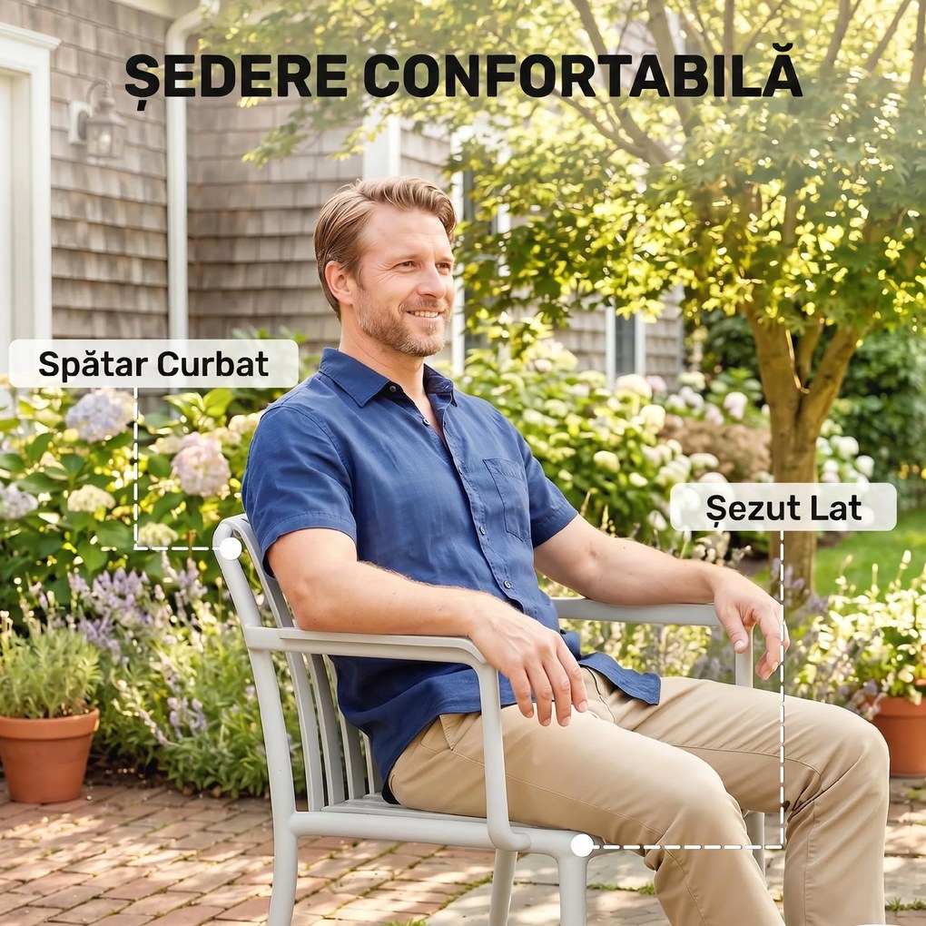 Outsunny Set 4 Scaune de Grădină Stackabile din Polipropilenă Anti-UV, Design Lamelar cu Cotiere, pentru Terasă Balcon Exterior Interior, Gri | Aosom Romania