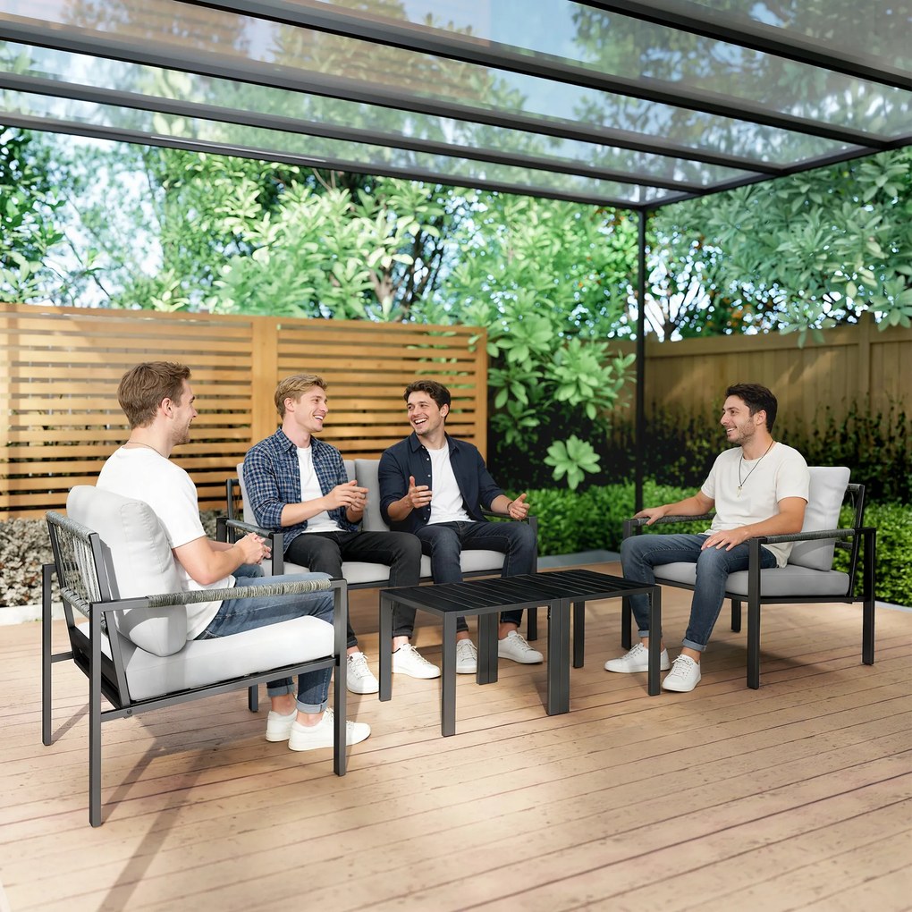 Outsunny Set mobilier grădină 4 persoane rezistent la intemperii set mobilier balcon cu canapea 2 locuri, fotoliu, perne, măsuță Gri deschis | Aosom Romania