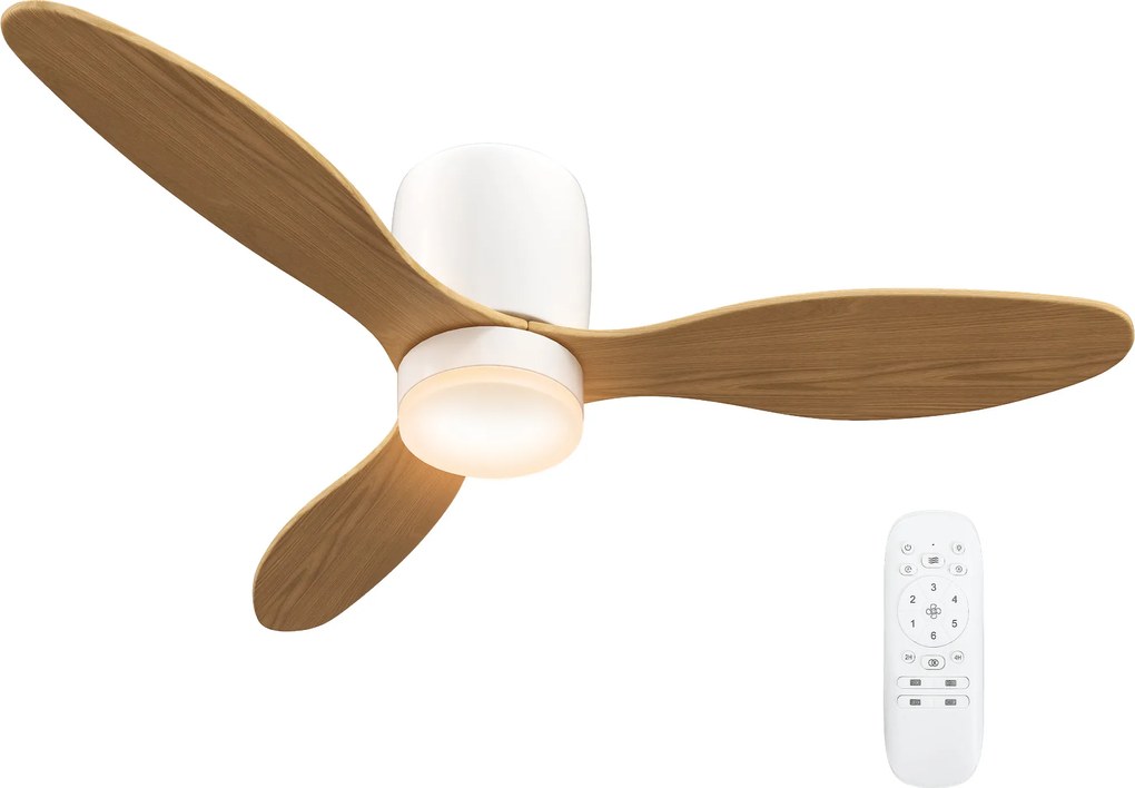 HOMCOM Ventilator de tavan cu lumină reglabilă și telecomandă 115 cm, 3 culori, 3 pale, 6 viteze, timer, natural | Aosom Romania