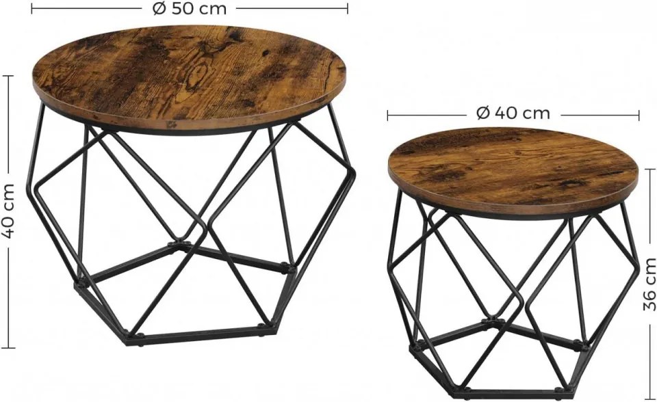 Set 2 masute de cafea, Ø 50 cm / Ø 40 cm, metal / PAL melaminat, maro rustic / negru, Vasagle