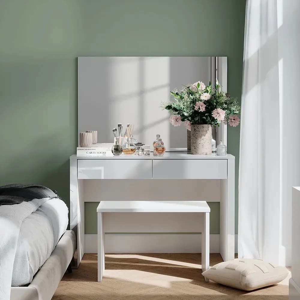 Masuta machiaj cu Oglinda LED si 2 Sertare pentru Cosmetice, Set Masa toaleta 110 cm, Alb Lucios, masuta cosmetica, vanity - SEA812