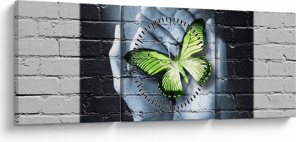 Tablou - Fluture verde în perete (cu ceas) (90x30 cm)