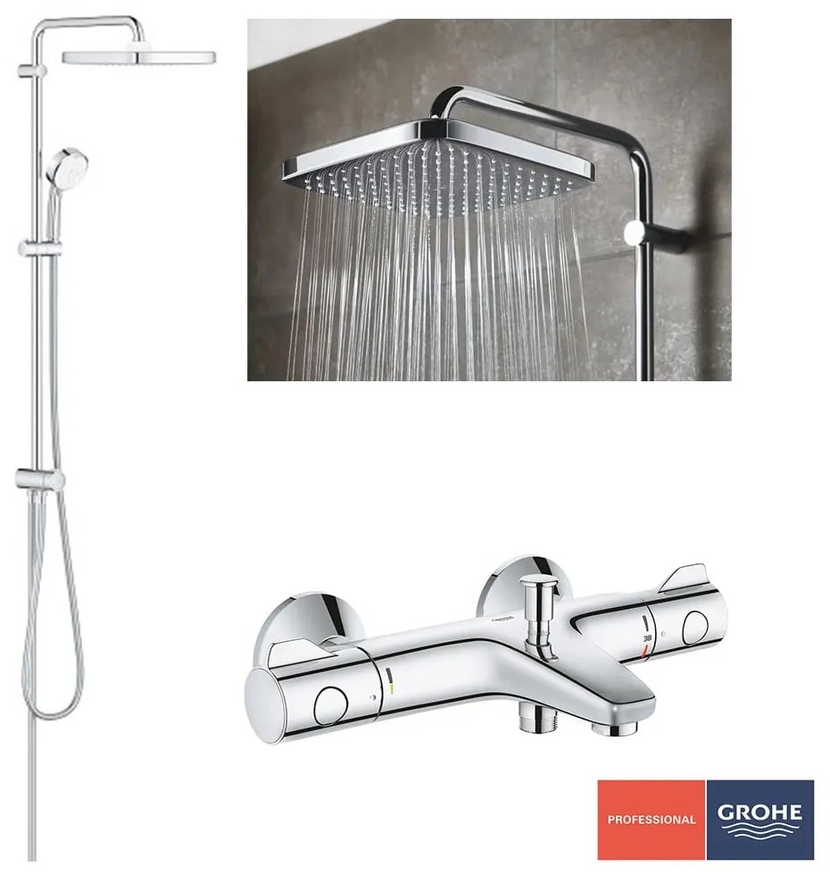 Pachet: Coloana dus Grohe Tempesta 250,palarie patrata, baterie cada/dus Grohtherm 800 (26694000,34567000)