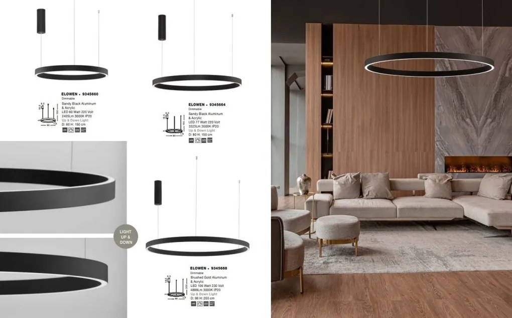 Lustra LED design circular cu iluminat sus si jos ELOWEN negru, diametru 98cm