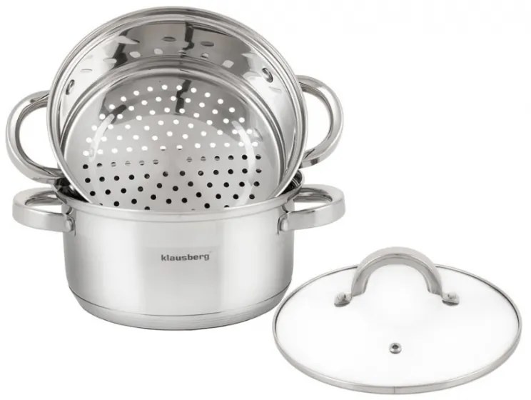 Oale pentru gatire cu aburi Klausberg KB 7141, 22 cm, 4 litri, 3 piese, Fund gros, Inox