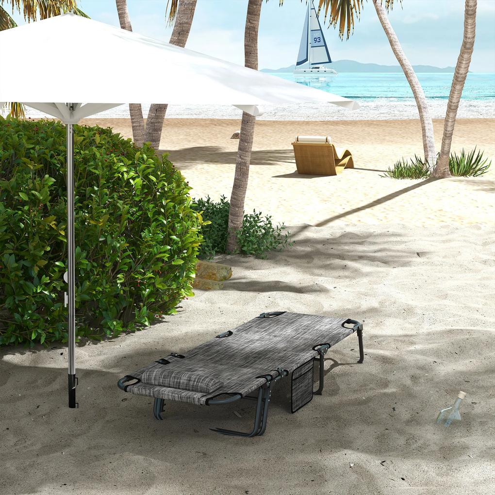 Outsunny Sezlong pliabil cu spatar inclinabil pe 4 nivele, Scaun de plaja pentru exterior cu perna, buzunar lateral,tetiera, Gri