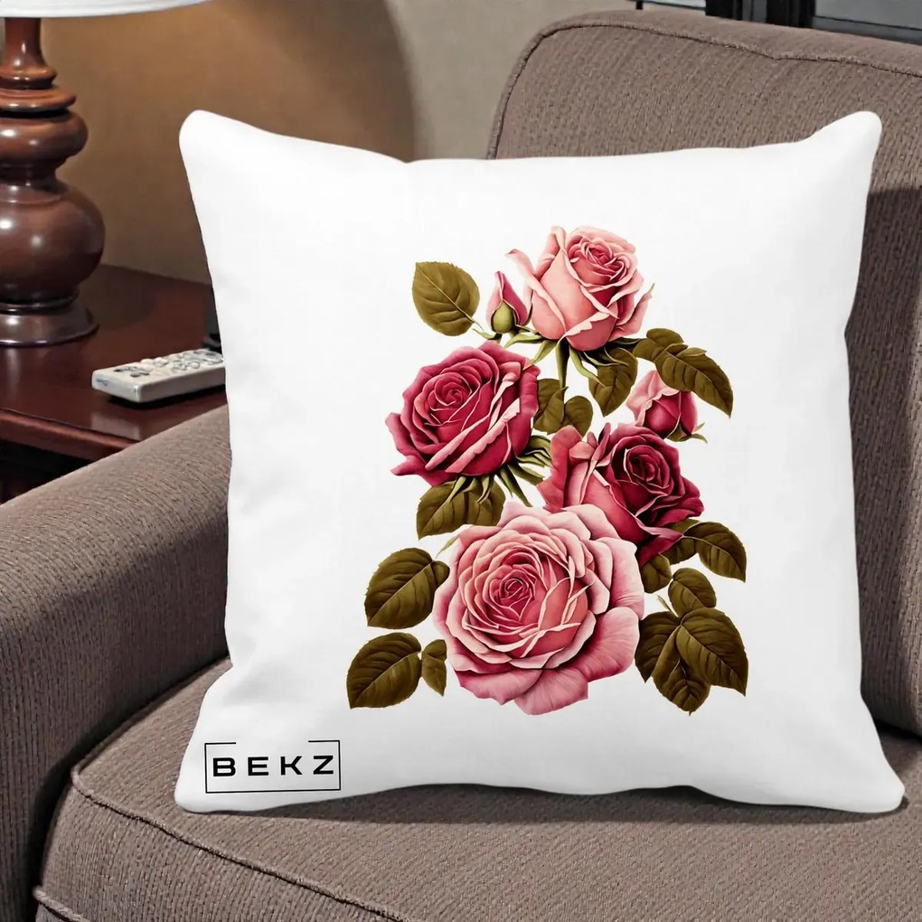 Perna Decorativa Trandafiri Vintage Roz-Rosii, 40x40 cm, Alba Mata, Husa Detasabila, Perna Inclusa, BEKZ®