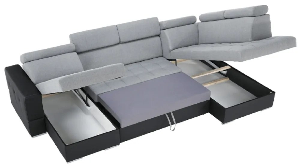 Colţar extensibil, piele ecologică neagră/material textil gri deschis, model stânga, VASTO