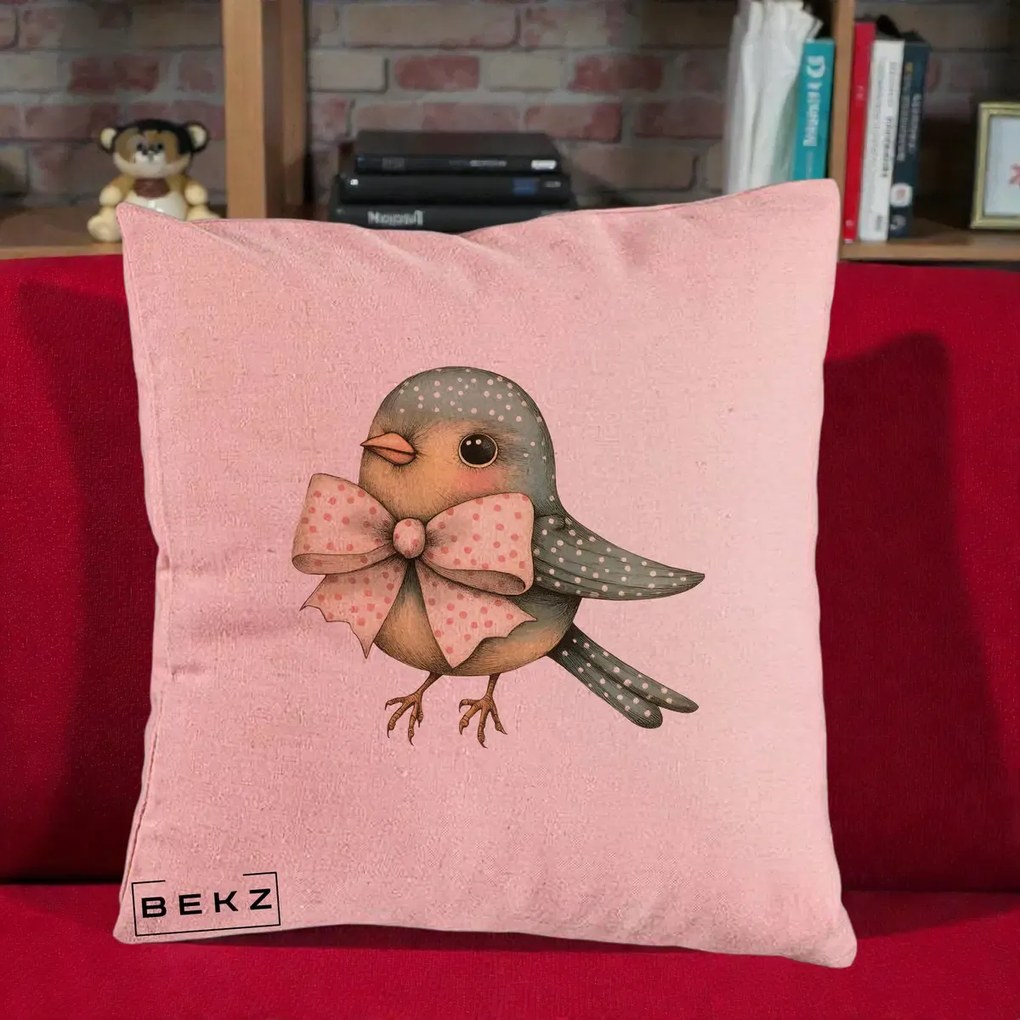 Perna Decorativa Pasare Teal cu Fundita cu Buline, 40x40 cm, Roz, Husa Detasabila, Perna Inclusa, BEKZ®