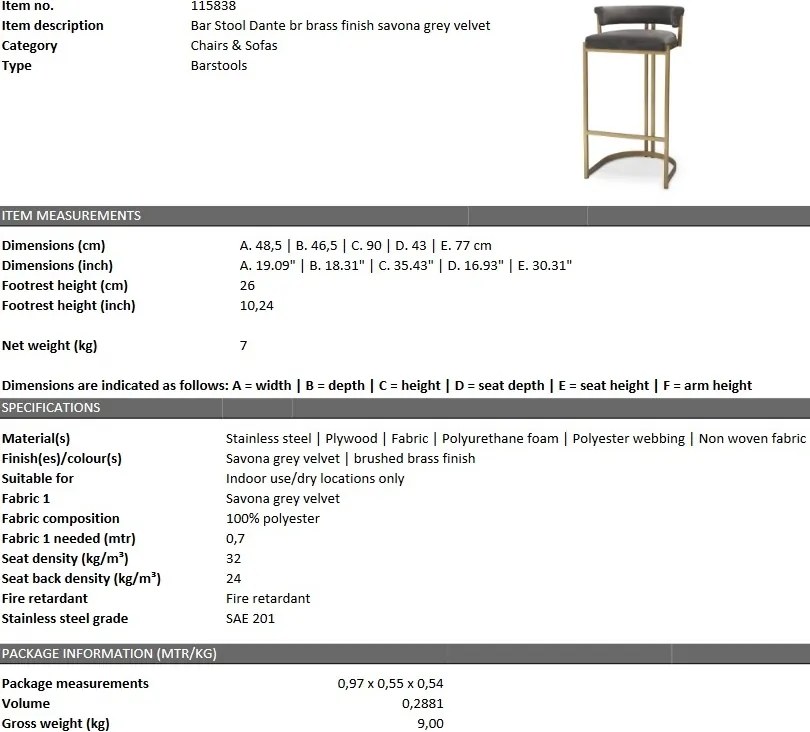 Scaun bar design LUX, Bar Stool Dante, gri 115838 HZ