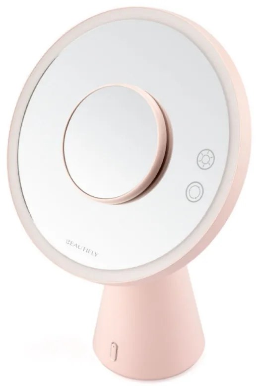 Oglinda cosmetica iluminata Smart Moon LED, Marire 10x, Lumina calda / neutra / rece, Luminozitate reglabila, Difuzor Bluetooth, Roz