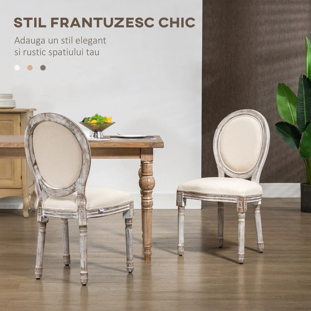 HOMCOM Set de 2 Scaune Vintage Fără Brațe, Scaune în Stil Franțuzesc cu Spătar Curbat și Tapițerie din In, 51x55x96 cm, Alb Crem | Aosom Romania