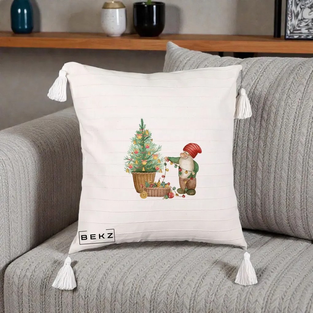 Perna Decorativa Pitic de Craciun cu Brad, 40x40 cm, Bej cu Franjuri, Husa Detasabila, Perna Inclusa, BEKZ®