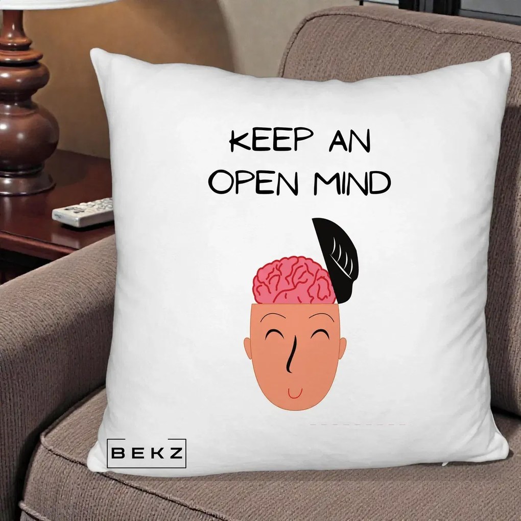 Perna Decorativa Keep An Open Mind, 40x40 cm, Alb Pufos, Husa Detasabila, Perna Inclusa, BEKZ®