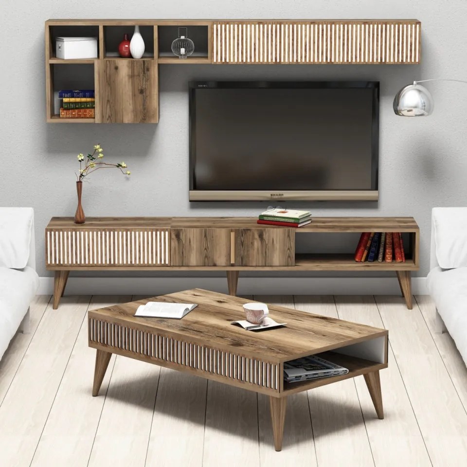 Set Comoda TV si Masuta de Cafea Living Milan, Nuc