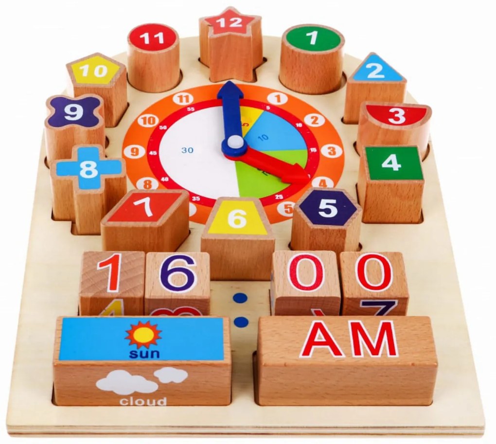 Ceas puzzle 3D tip Montessori din lemn masiv NOVOKIDS™ Learning Clock, 18 piese, Cu forme geometrice si Numere, Materiale Eco, Multicolor