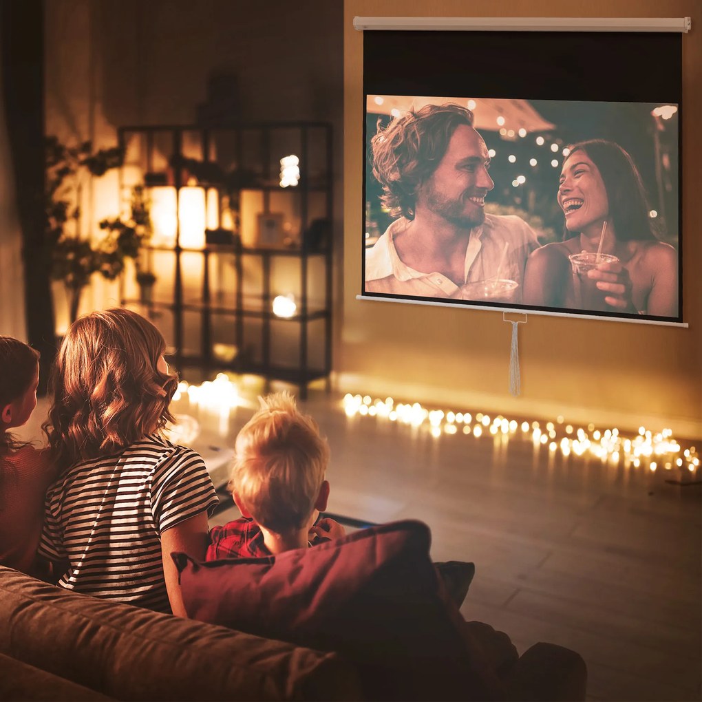 HOMCOM Ecran Proiector 100", 16:9, Montaj Perete/Tavan, Material Mat Premium, Blocare Automată, 221x124 cm, Alb | Aosom Romania