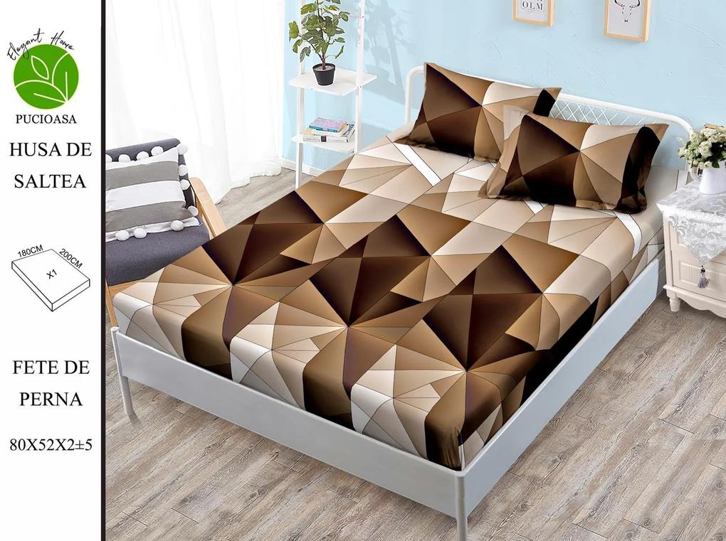 Husa de pat cu elastic 180x200 din Bumbac Finet + 2 Fete de Perna - Geometric Maro