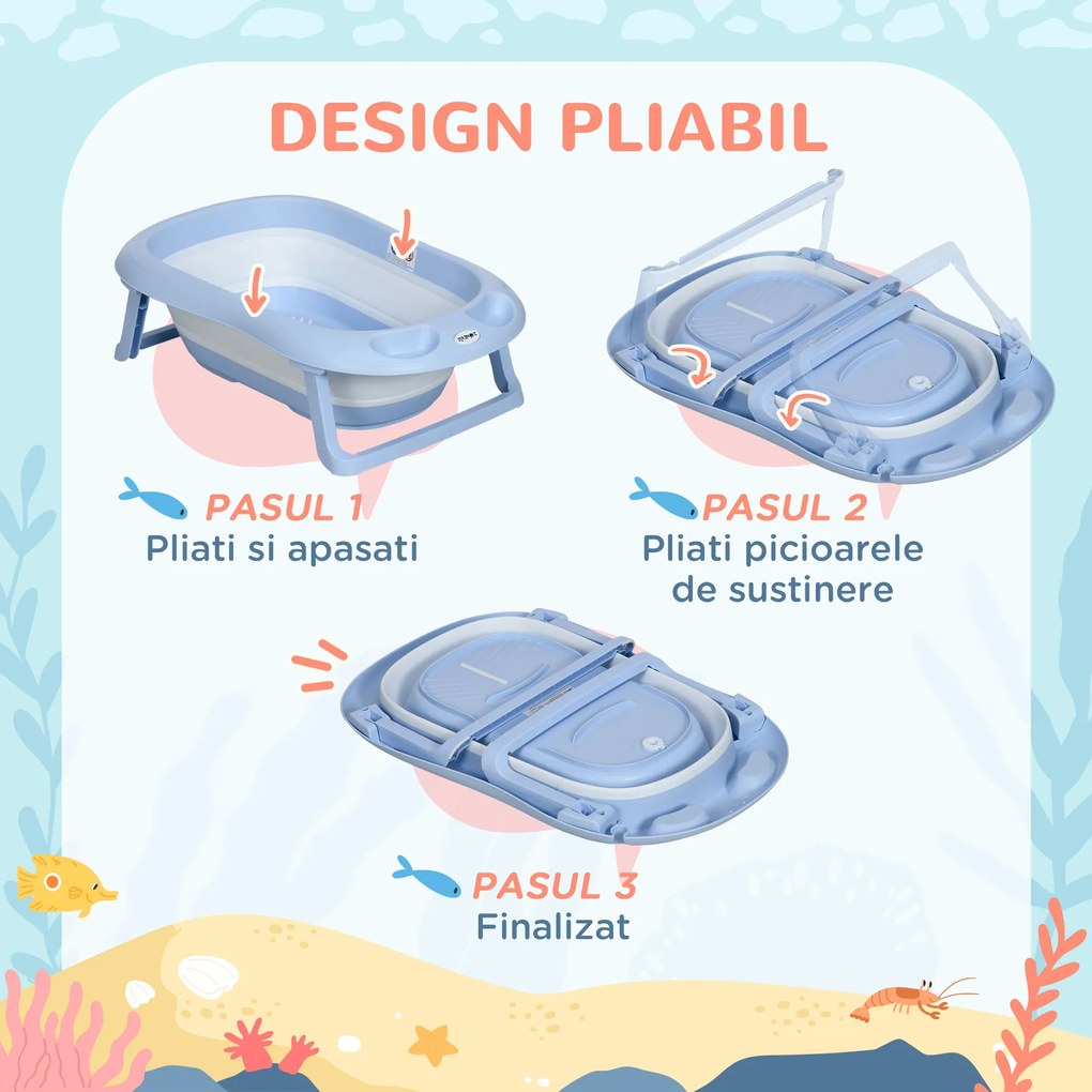 ZONEKIZ Cadita Pliabila pentru Copii 0-6 Ani cu Perna Confortabila si Spatii Depozitare, 83x48x23.5cm, Albastru/Alb | Aosom Romania