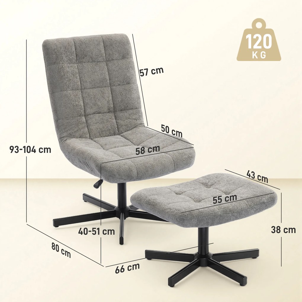 HOMCOM Scaun reclinabil pe 4 niveluri cu otoman separat în efect de catifea, 66x80x93-104 cm, Gri | Aosom Romania