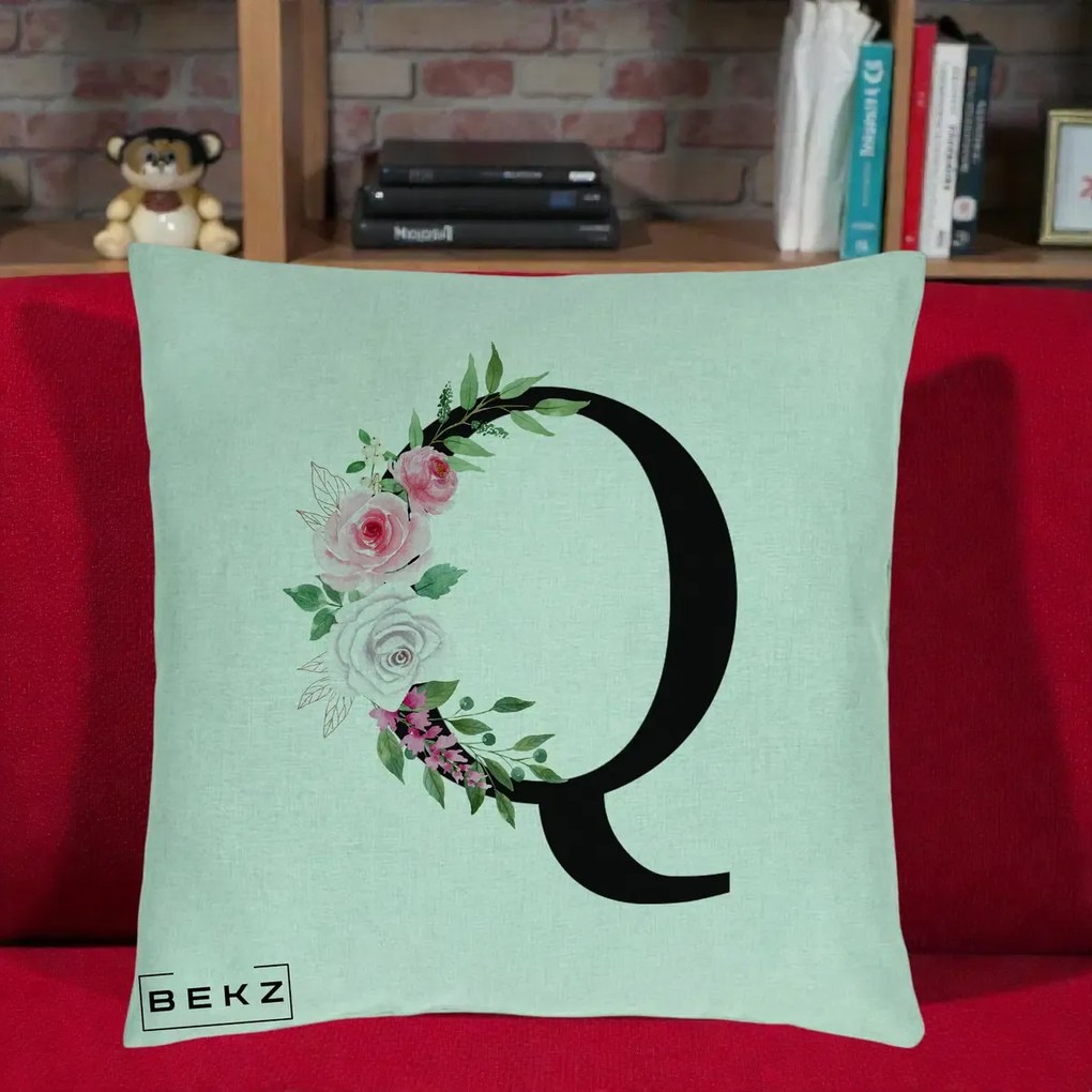 Cadou Personalizat - Perna Personalizata Monograma Florala Litera Q, 40x40 cm, Verde Menta, Husa Detasabila, Perna Inclusa, BEKZ®