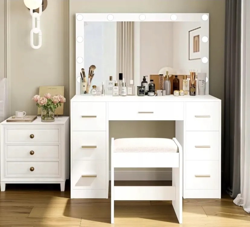 Masă de toaletă mare albă cu iluminare 80 x 40 x 110cm