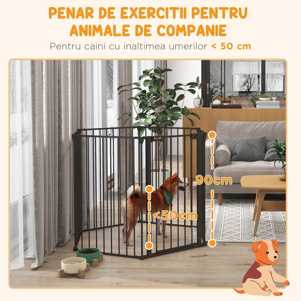 PawHut Poarta Pliabila pentru Caini de Talie Medie Siguranta Modulara Metal si Plastic 123x102x90cm Negru | Aosom Romania