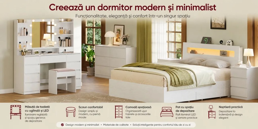 Masuta machiaj cu Oglinda LED si 9 Sertare pentru Cosmetice, Set Masa toaleta 107 cm, Alb, masuta cosmetica, vanity - SEA11