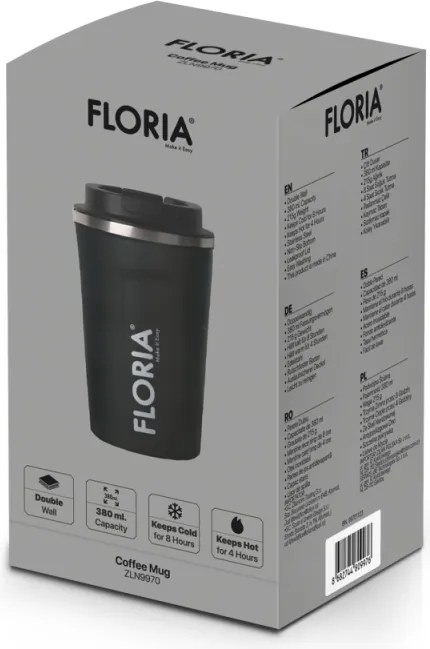 Cana de cafea Floria ZLN9970 tip termos, capacitate 380ml, interior din inox, pereti dublii, gri