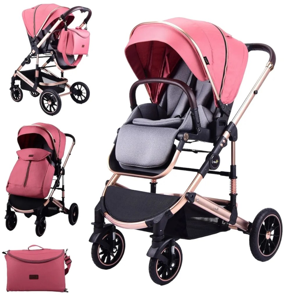 Carucior 3 in 1 reversibil, compact și pliabil, cu geanta inclusa, 0-36 luni - CPC-64-roz inchis