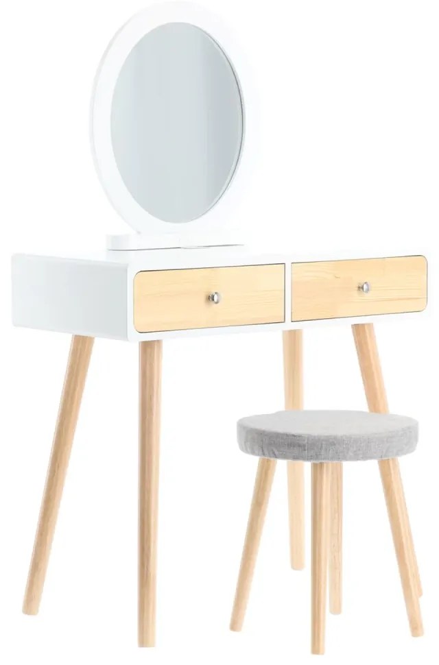 Set ELISSA – Masă de Toaletă pentru Machiaj, Oglinda, 2 sertare, Scaun, Alb/Lemn