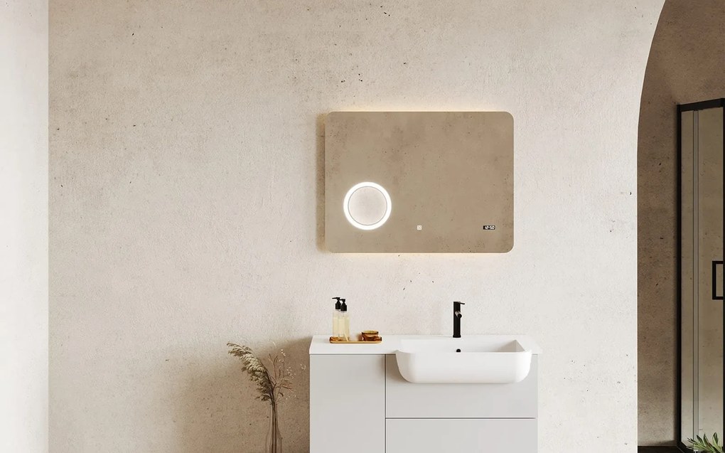 Oglindă lemn masiv cu Ceas Iluminare LED si Lupa Touch 80x60cm / 100x70cm - 80x60cm