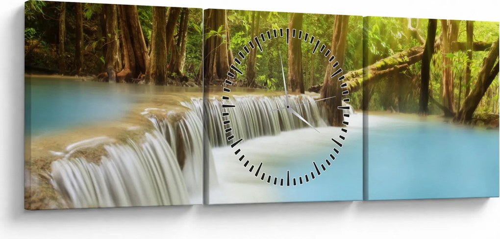 Tablou cu cascada Huai Mae Kamin în pădure (cu ceas) (90x30 cm)