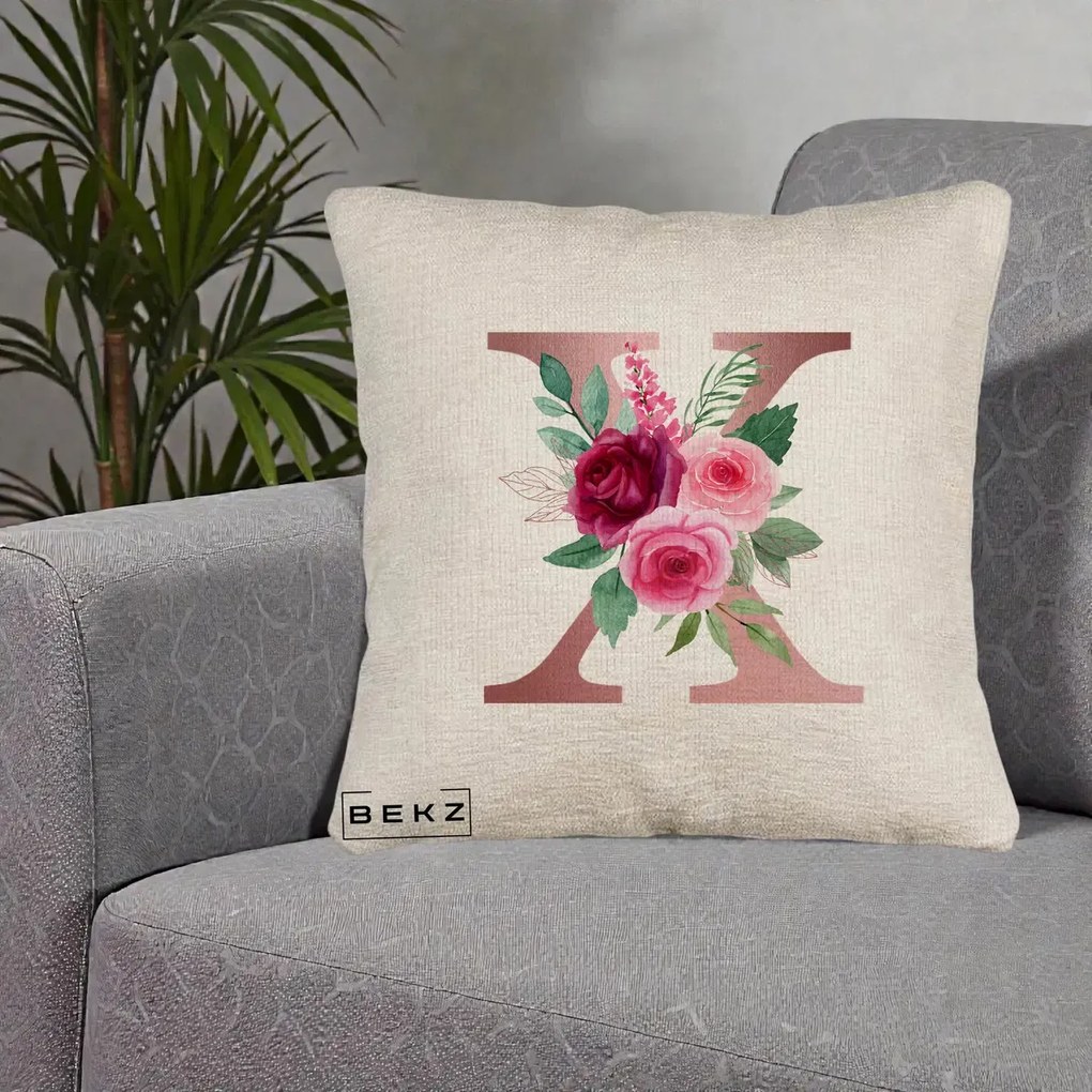 Cadou Personalizat - Perna Personalizata Monograma Rose Gold Litera X, 40x40 cm, Bej Canapea, Husa Detasabila, Perna Inclusa, BEKZ®